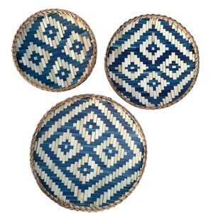 Set/3 bold blue Unique Vintage Navy and Cream Patterned Baskets Natural western